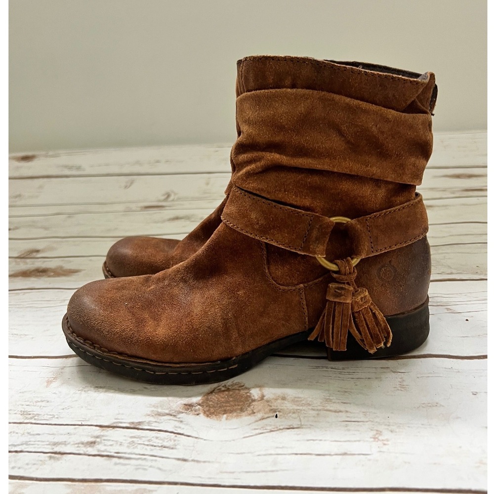 Born Ankle Boots Brown Suede Slouchy Tassel Harness Zip 7M